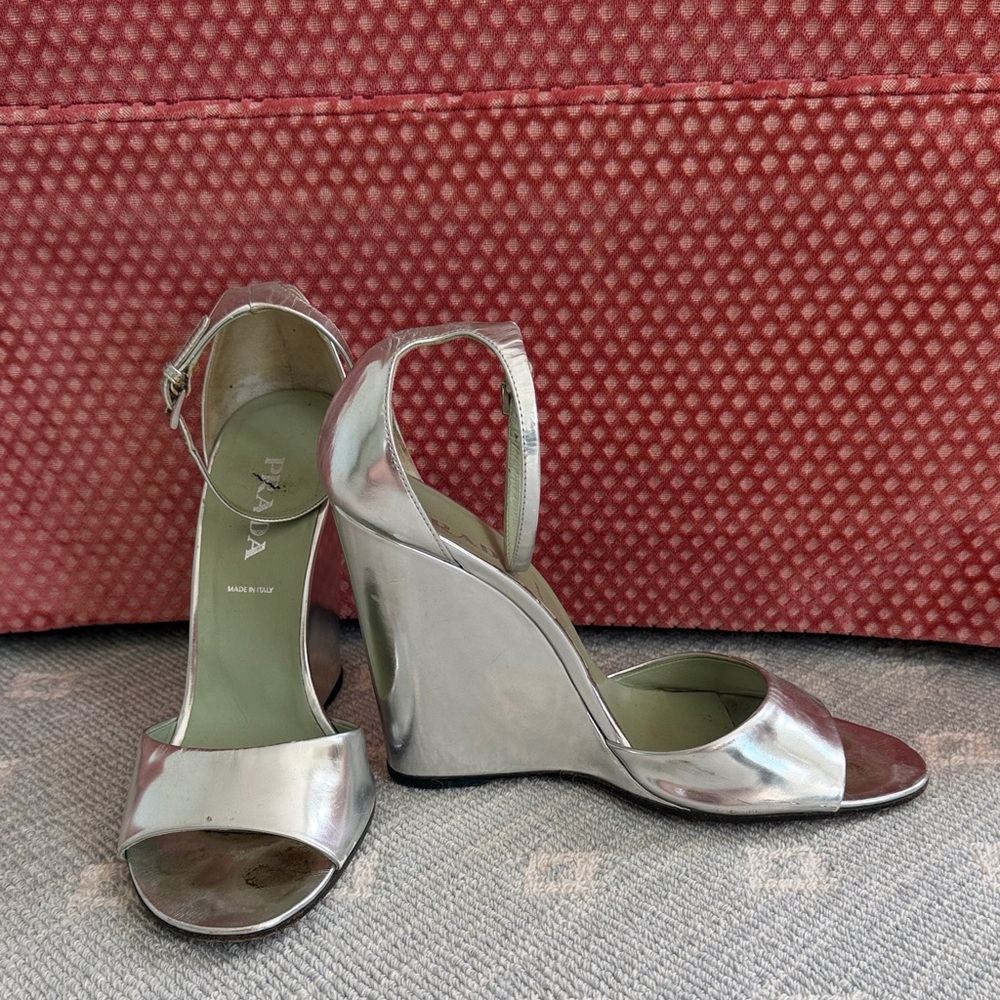 Prada Metallic Silver Wedge Heels Size 38